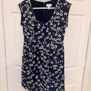 Loft Ann Taylor cotton linen navy & ivory sheath dress with pockets Size 8.